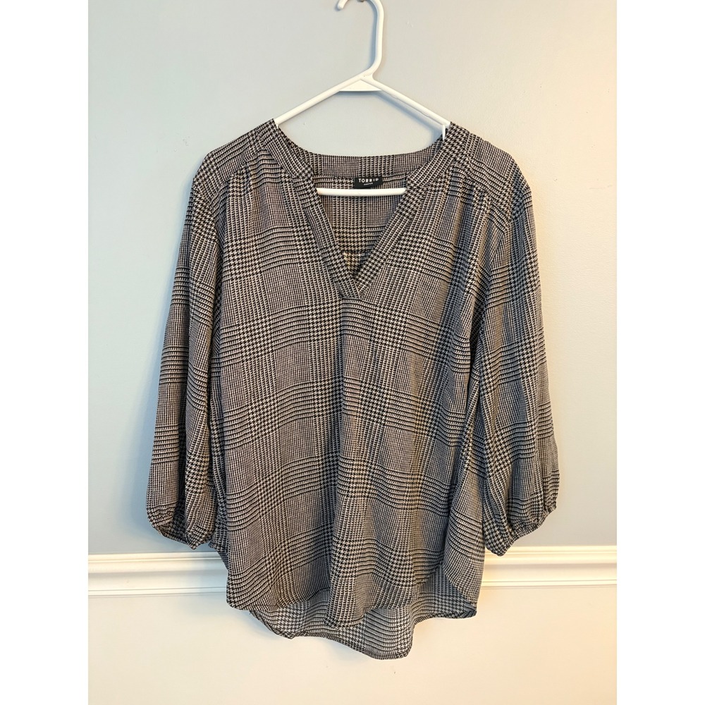 Torrid Harper Blouse Womens 0 Black White Glen Plaid V-Neck 3/4 Sleeve Top